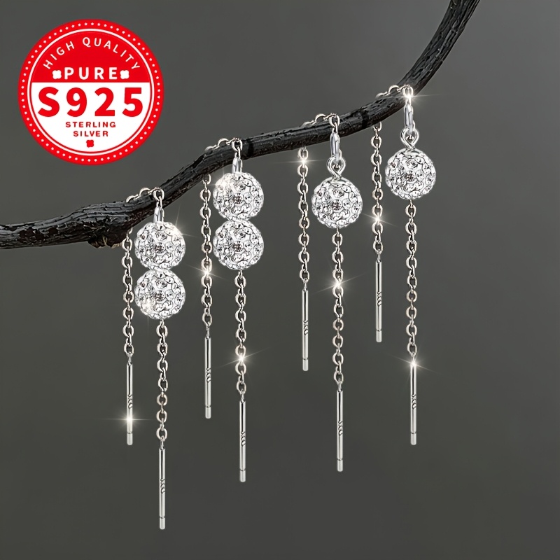 Women's S925 Silver Shambala Ball Double Chain Ear Threads, Elegant Gift